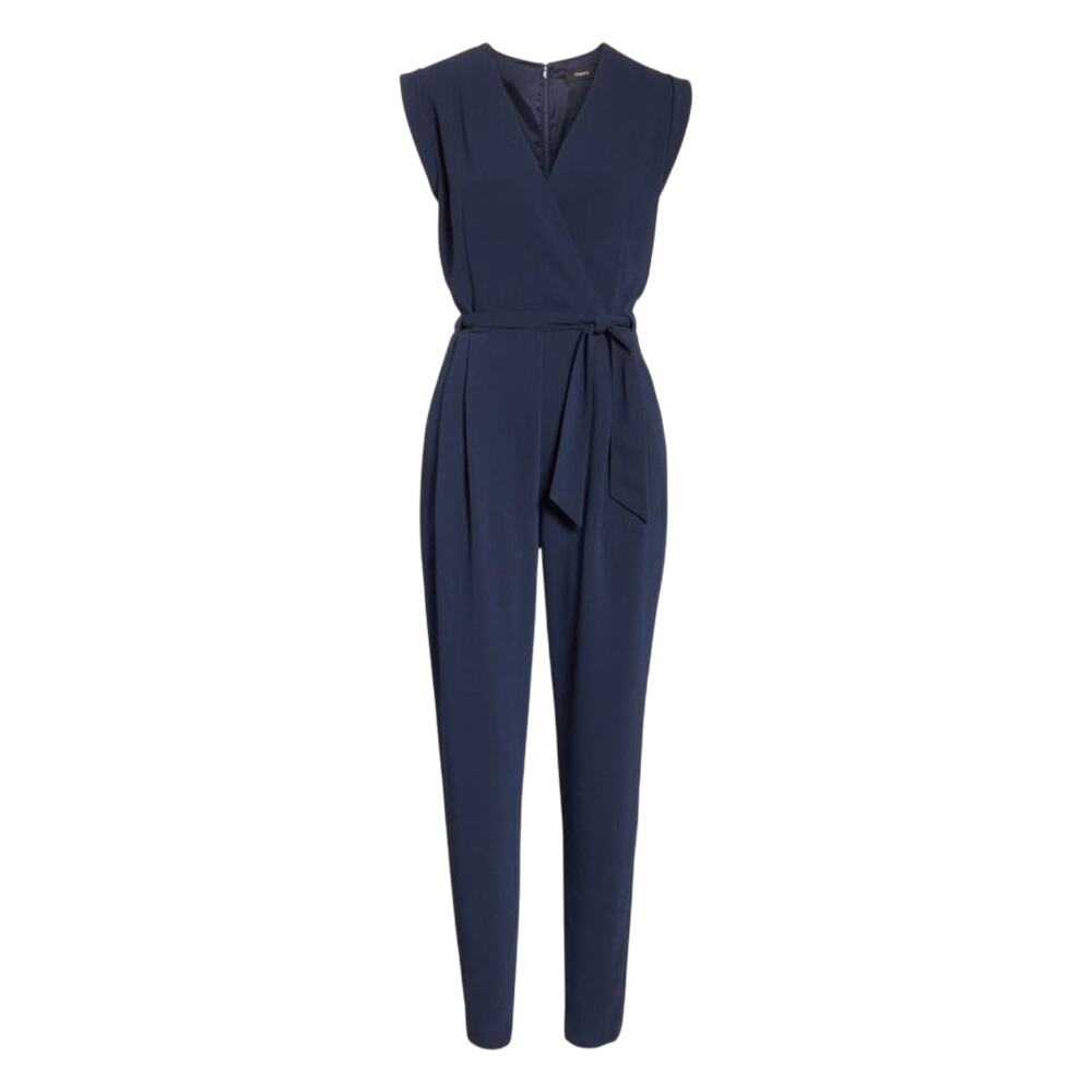 Theory Pavona Navy Wrap Jumpsuit Women’s 0 Blue Sleeveless Pleated Wide Leg NWT